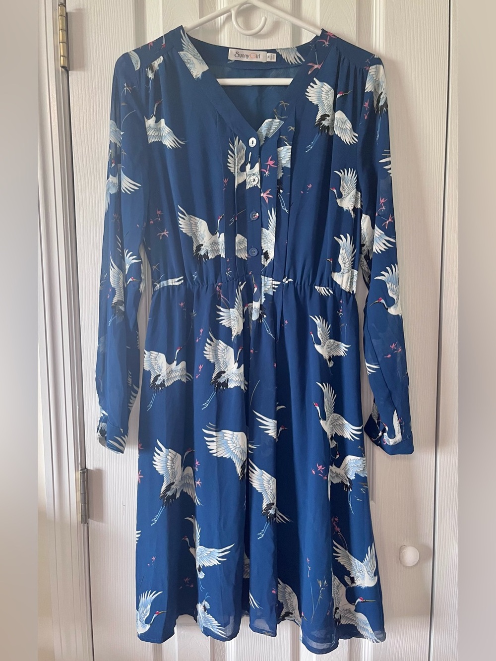 Sunny Girl Royal Blue Crane Bird Print Long Sleeve V-Neck Midi Dress Medium